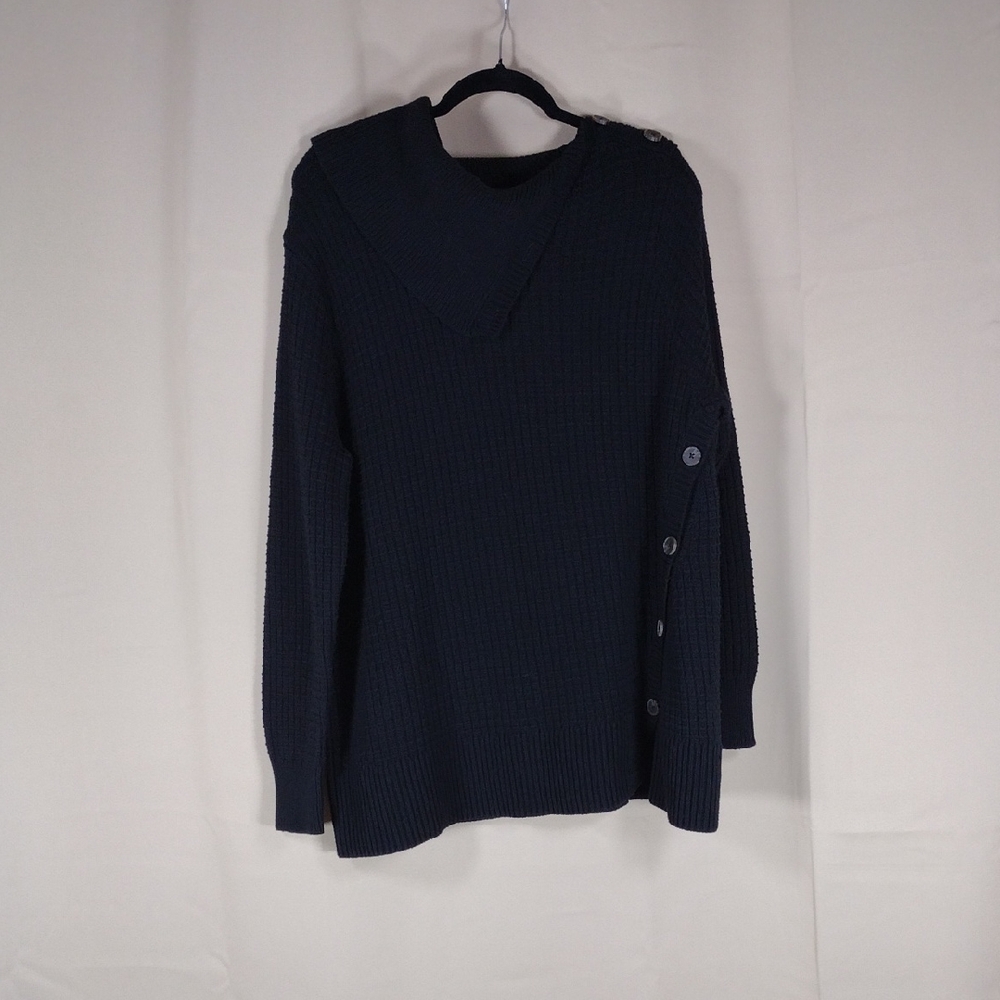Woman Within Stretchy Knit Cotton Dark Blue Pullover Turtleneck Casual Sweater